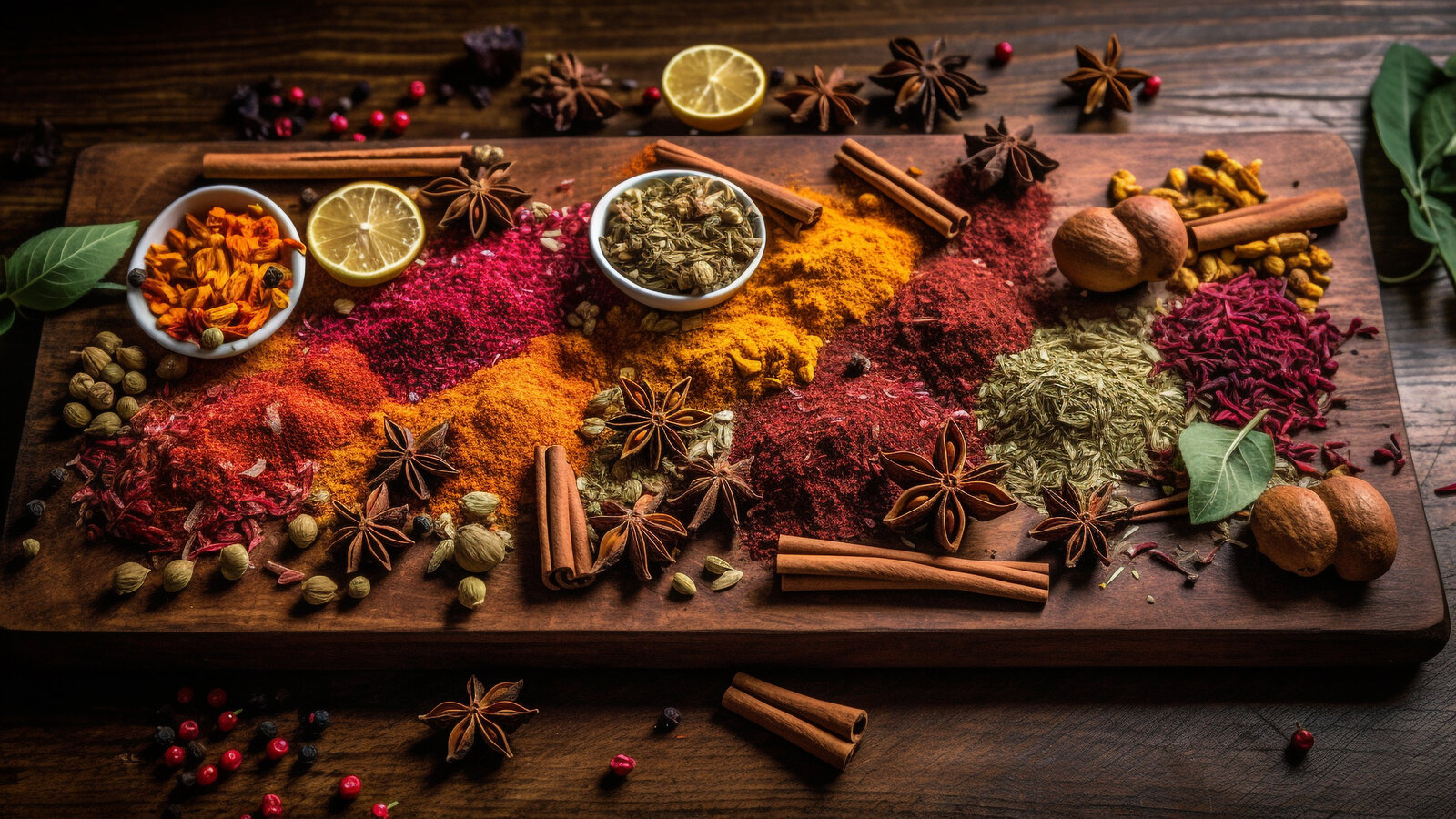 Spices and herbs in wooden bowl adorn table generated by artificial intelligence